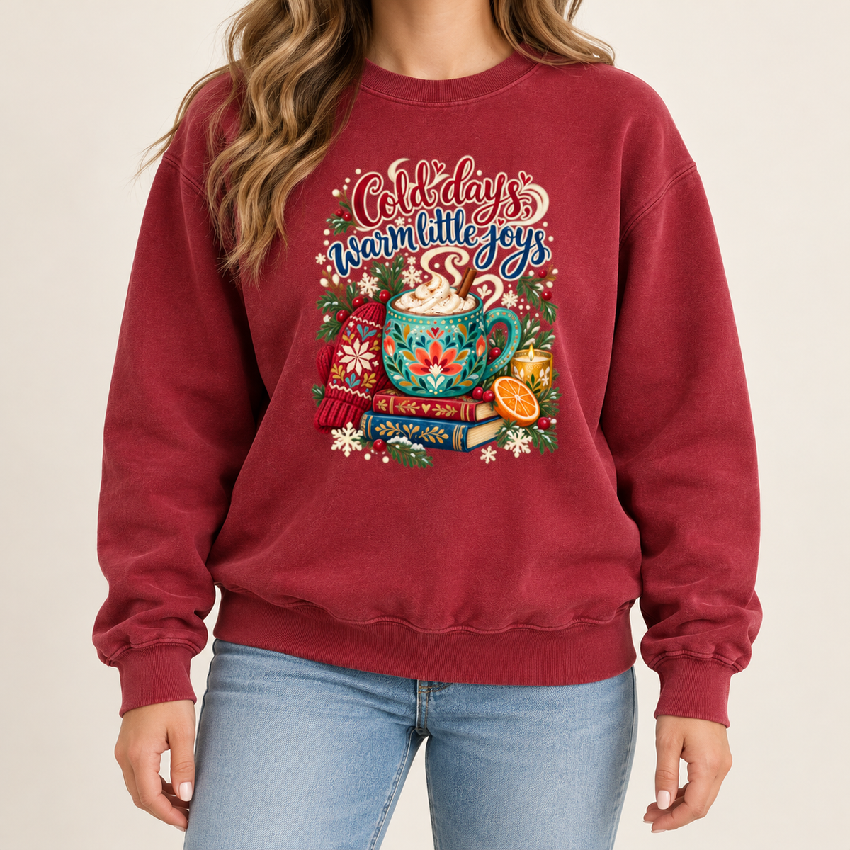 The cocoa and books winter sweatshirt in Crimson worn, showing the cozy winter still life across the chest