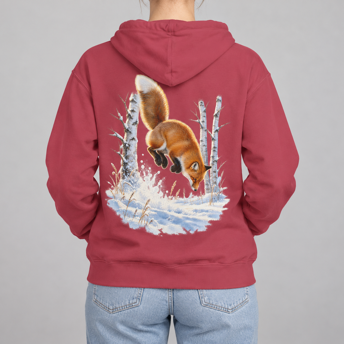 Red Fox Pounce hoodie in Crimson, back view of the red fox in snow print