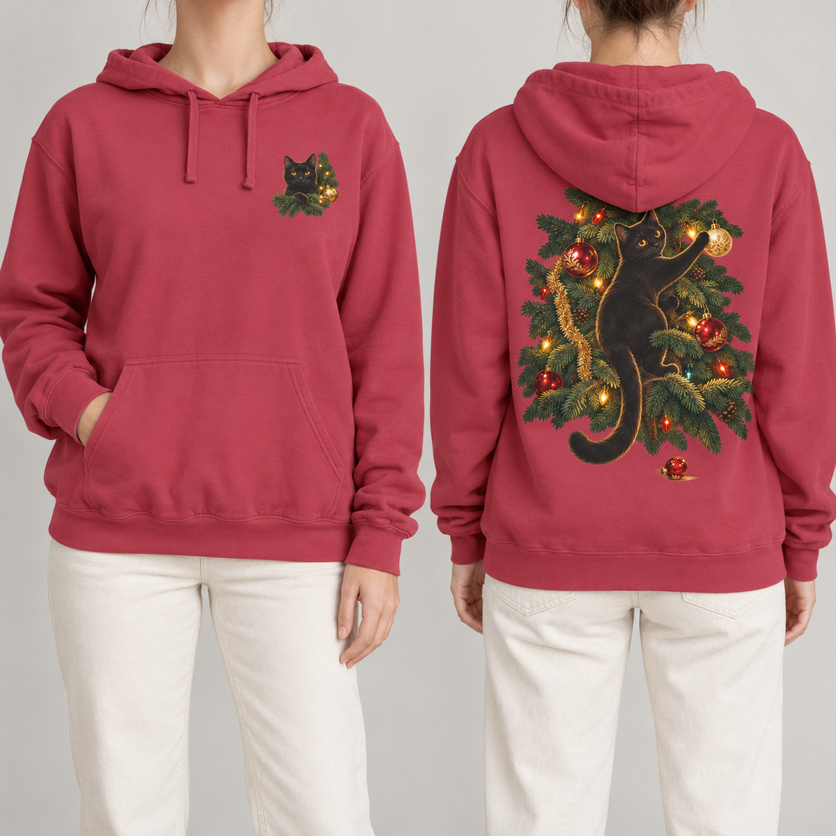 Black Cat Christmas hoodie in Crimson, front crest and back scene shown side by side