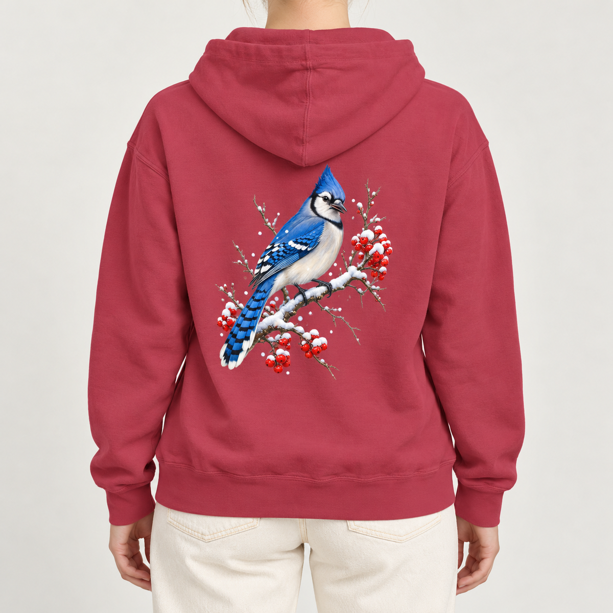 Blue Jay Winterberry hoodie in Crimson, worn, back view of the blue jay and winterberry print