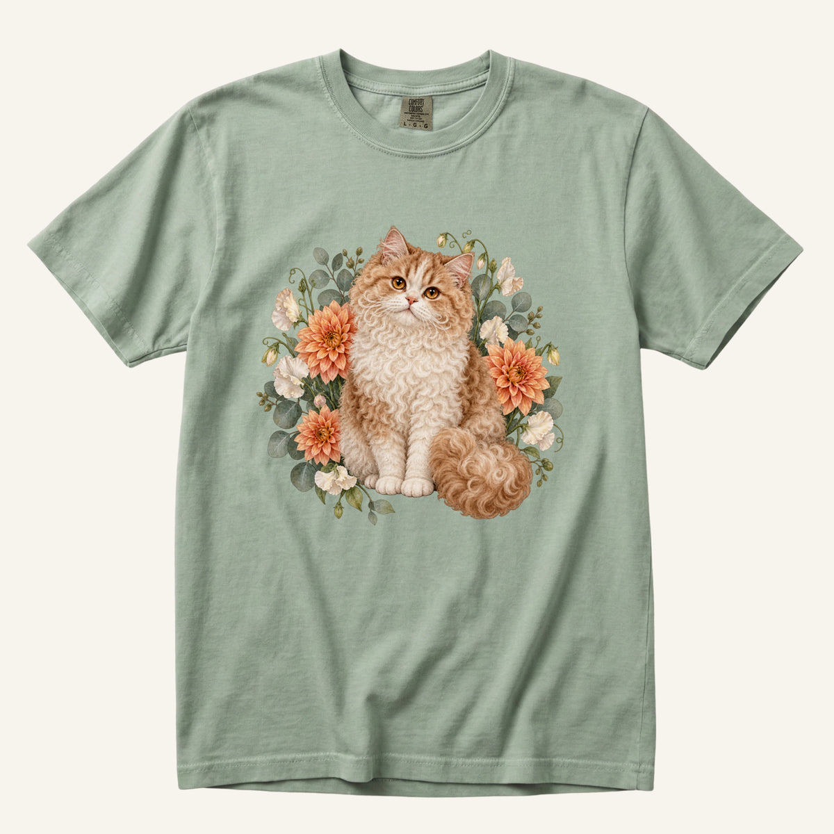 Selkirk Rex Cat T-Shirt in Bay — curly-coated cat and sweetpea garden artwork
