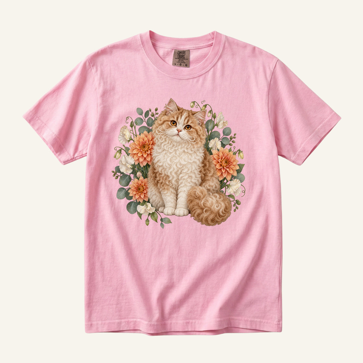 Selkirk Rex Cat T-Shirt in Blossom — cat mom botanical tee on heavyweight garment-dyed cotton