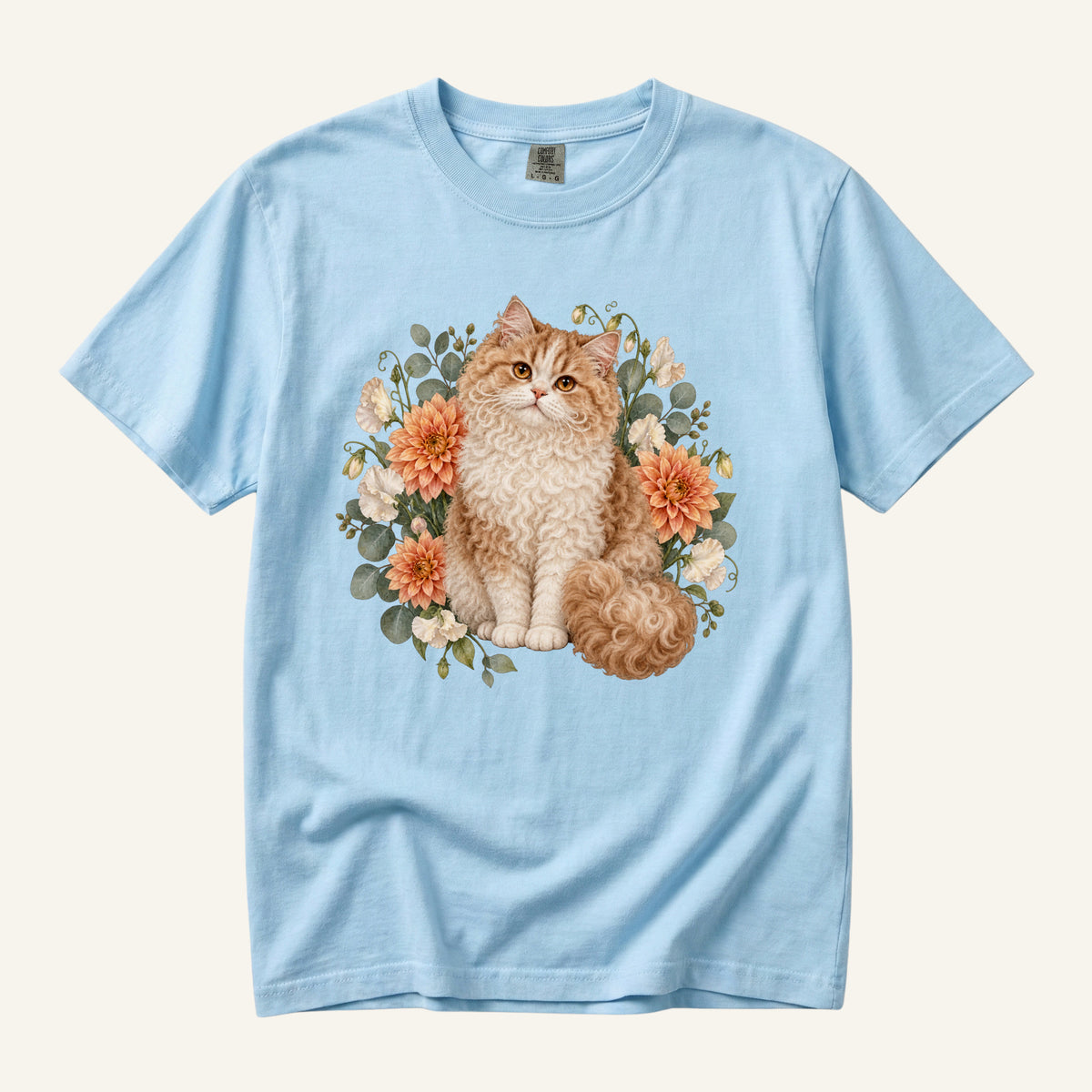 Selkirk Rex Cat T-Shirt in Chambray — Selkirk Rex with dahlias and sweetpeas, sizes S to 4XL