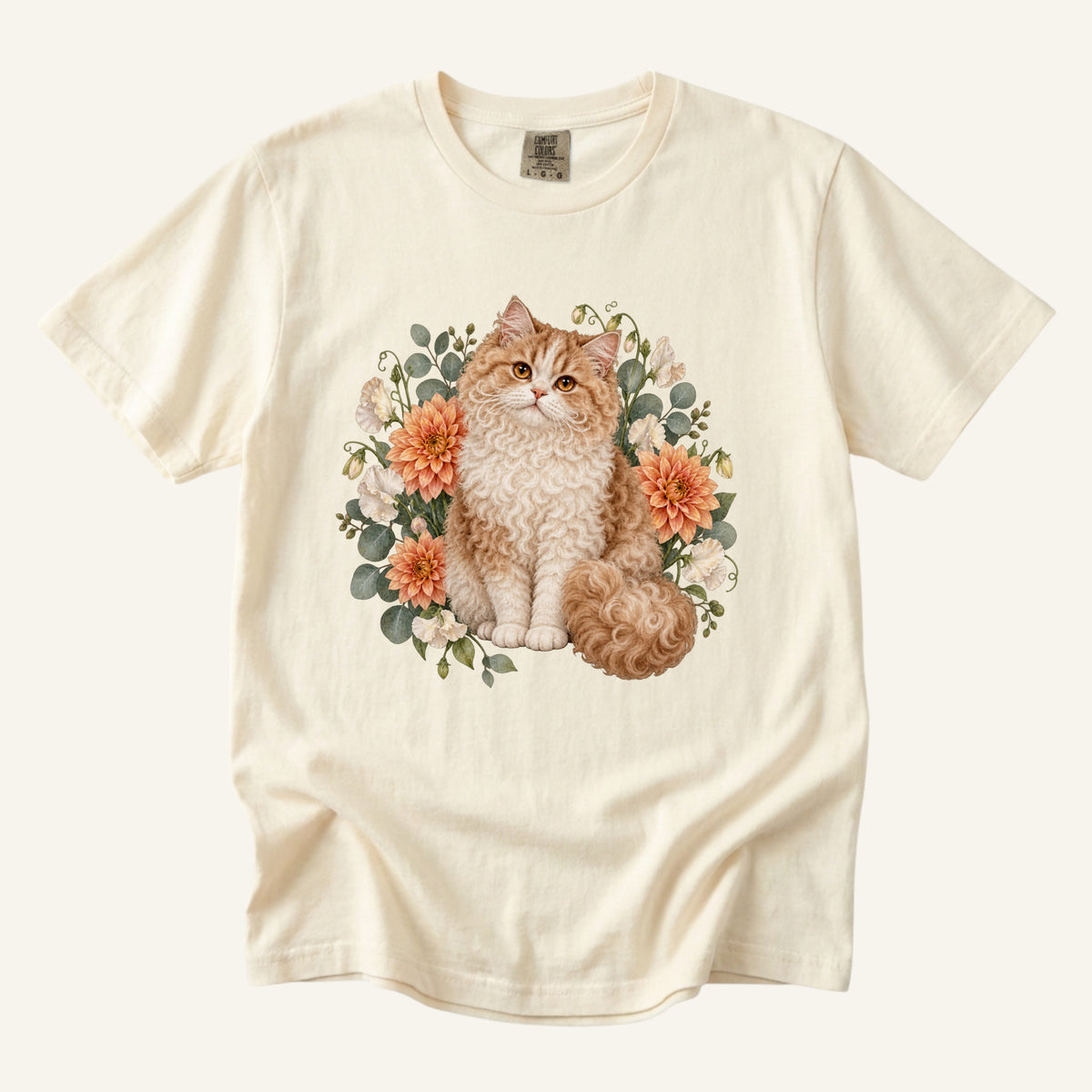 Selkirk Rex Cat T-Shirt in Ivory — curly cat botanical design, made to order in the USA