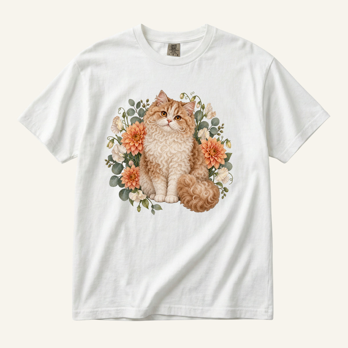 Selkirk Rex Cat T-Shirt in White — a curly-coated Selkirk Rex among dahlias and sweetpeas