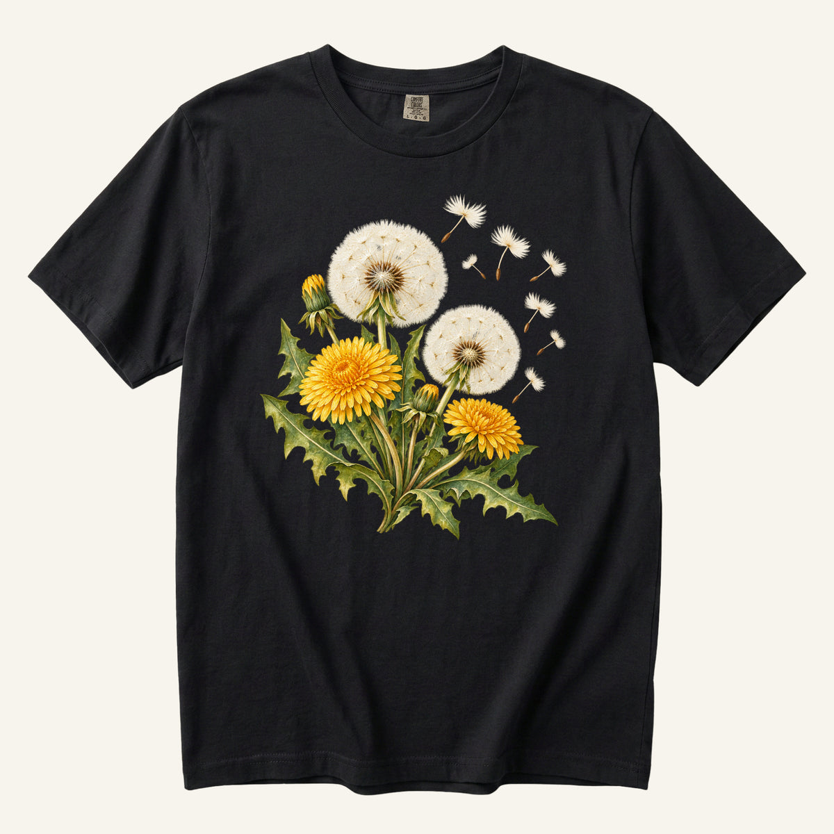 Dandelion Flower T-Shirt in Black — golden dandelions and a seed head releasing on the wind