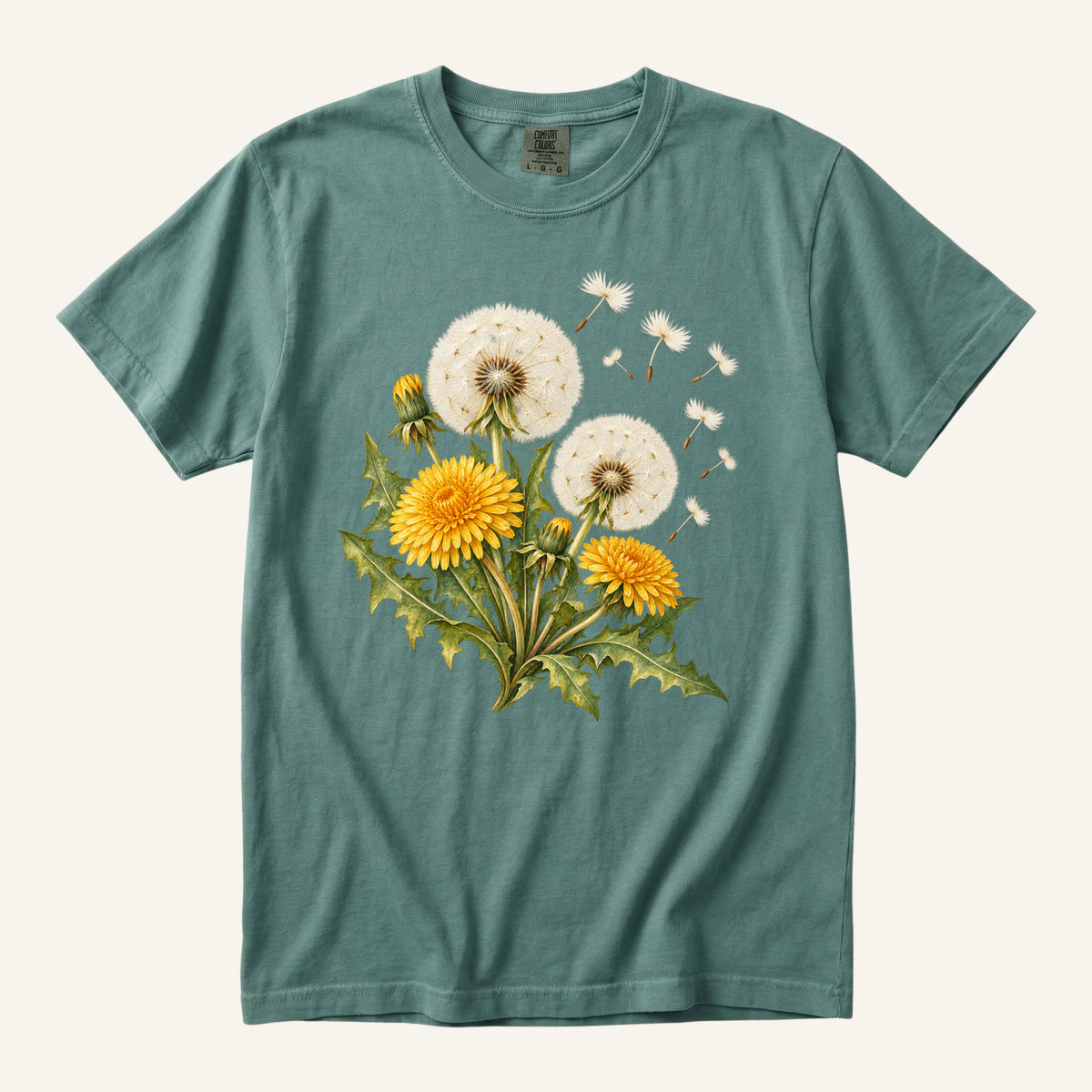 Dandelion Flower T-Shirt in Blue Spruce — dandelion seed head tee on garment-dyed cotton, sizes S to 4XL