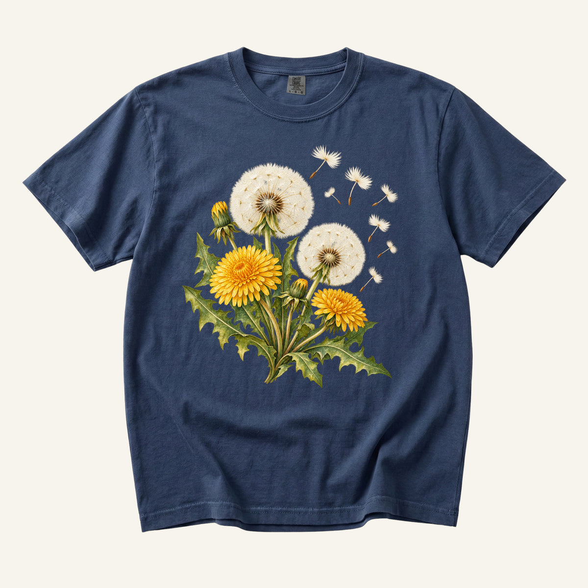 Dandelion Flower T-Shirt in Navy — botanical dandelion watercolor, centered front print