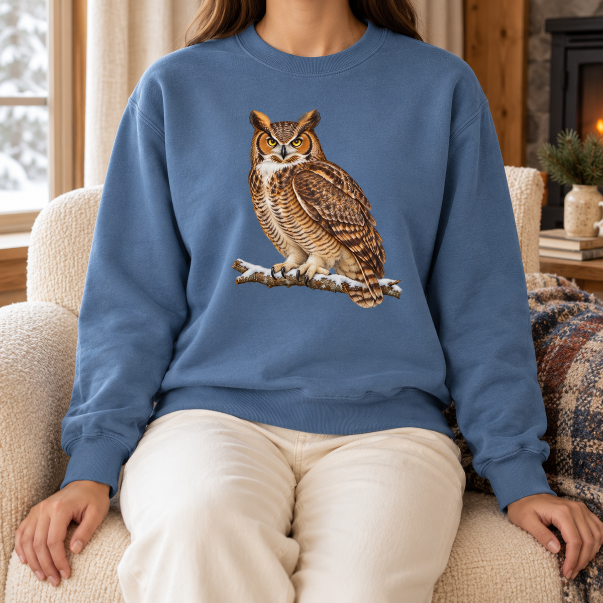 Great horned owl sweatshirt in Denim worn in a cabin – the brown-and-buff owl on a deep washed blue Comfort Colors crewneck