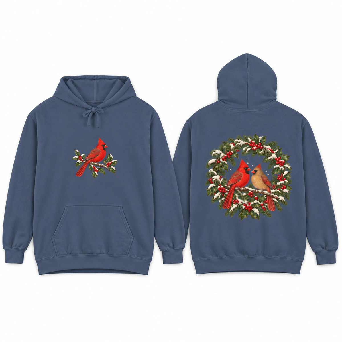 Winter Cardinal hoodie in Denim, front and back prints side by side