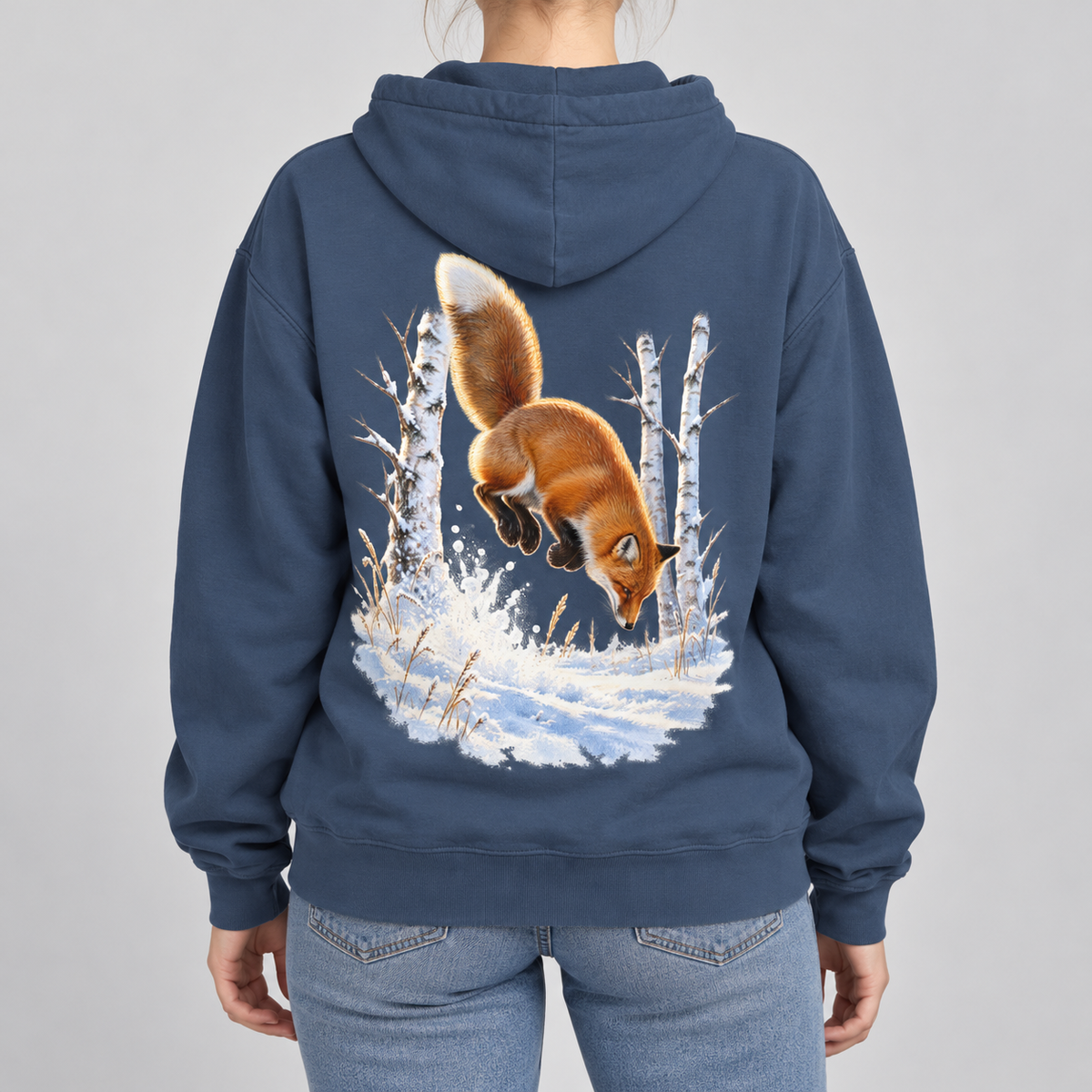 Red Fox Pounce hoodie in Denim, back view of the pouncing red fox print