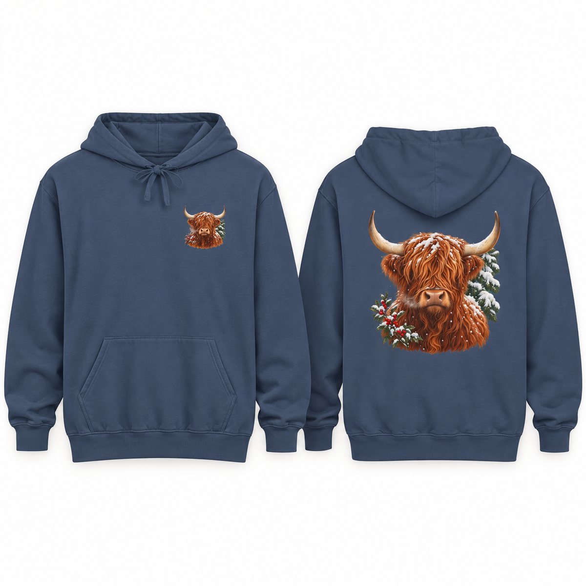 Winter Highland Cow hoodie in Denim, front crest and back portrait shown side by side