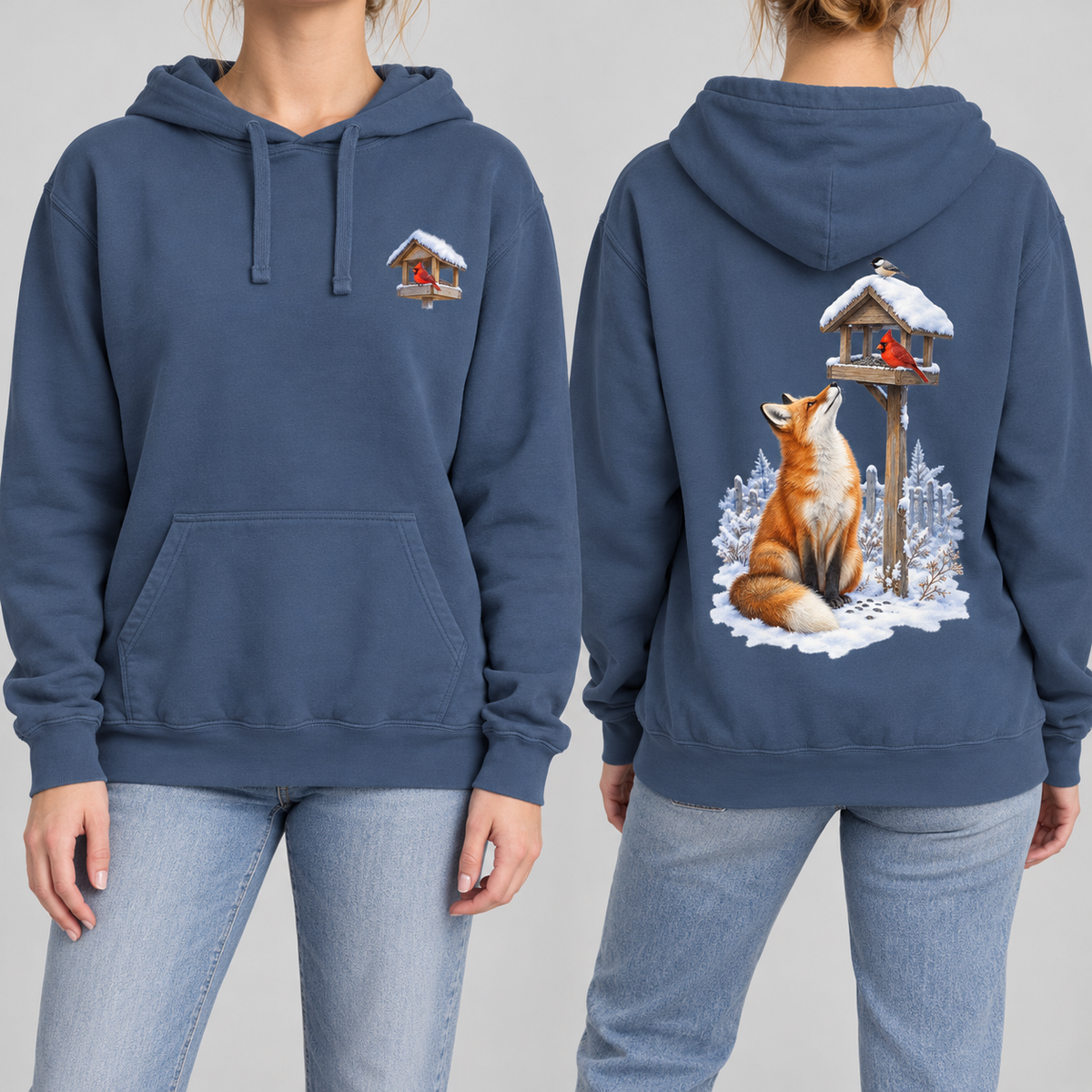 Beneath the Feeder hoodie in Denim, front cardinal feeder crest and back fox print