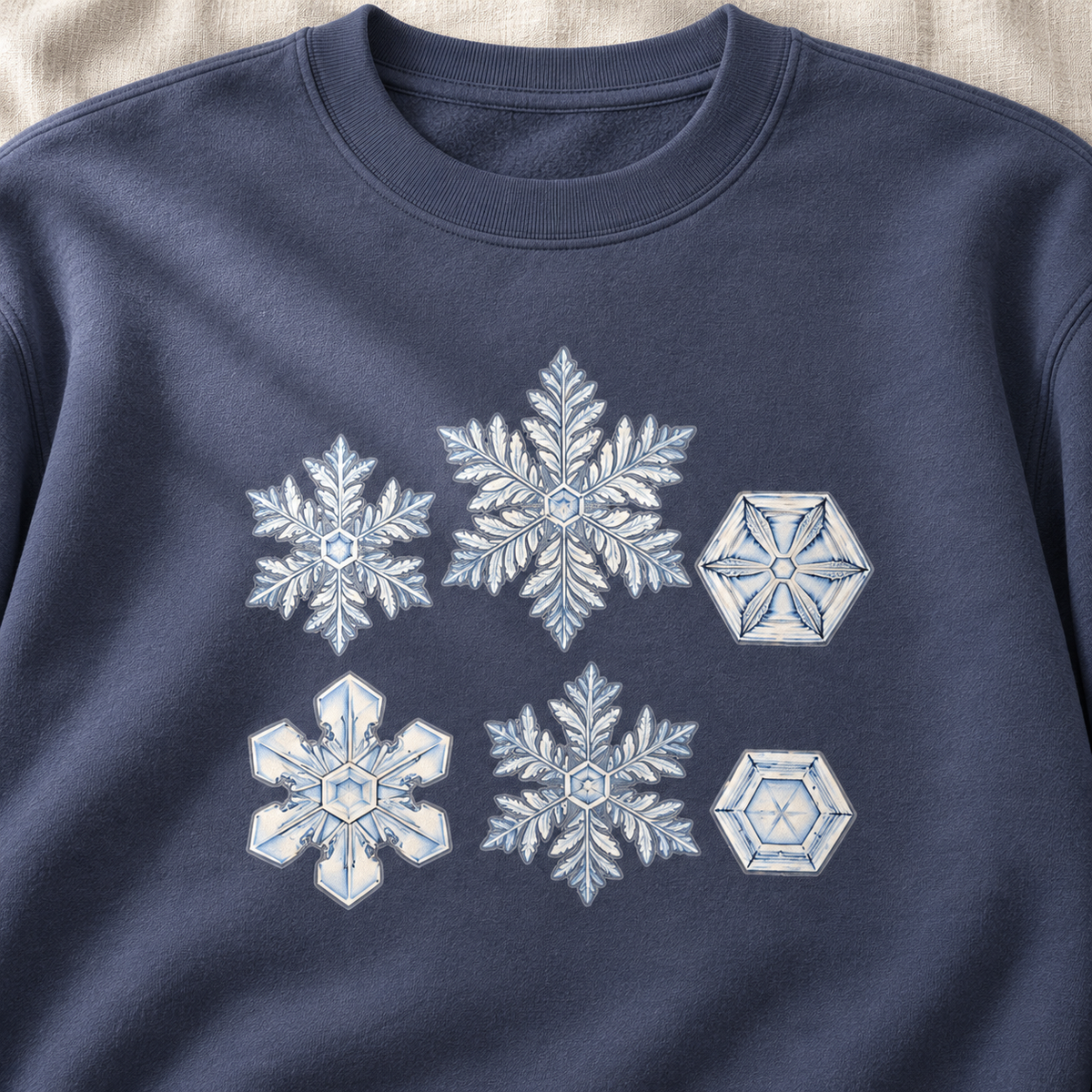 Snowflake Study Sweatshirt in Denim, flat lay - six watercolor snow crystals on a dark washed blue Comfort Colors crewneck