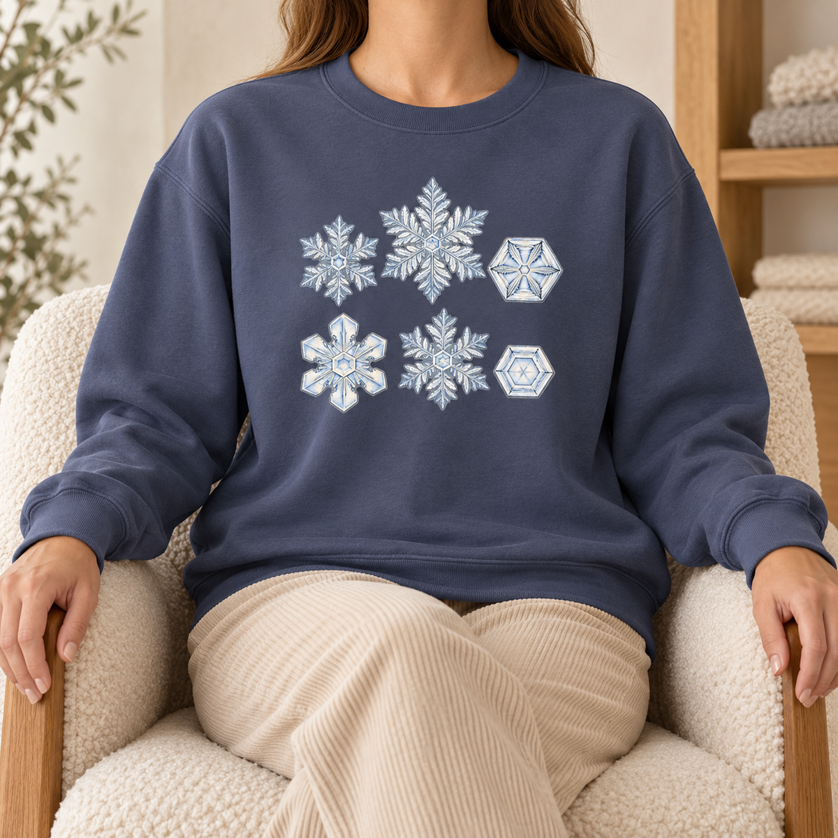 Snowflake Study Sweatshirt in Denim - six watercolor snow crystals printed on a dark washed blue garment-dyed Comfort Colors 1566 crewneck, worn by a woman