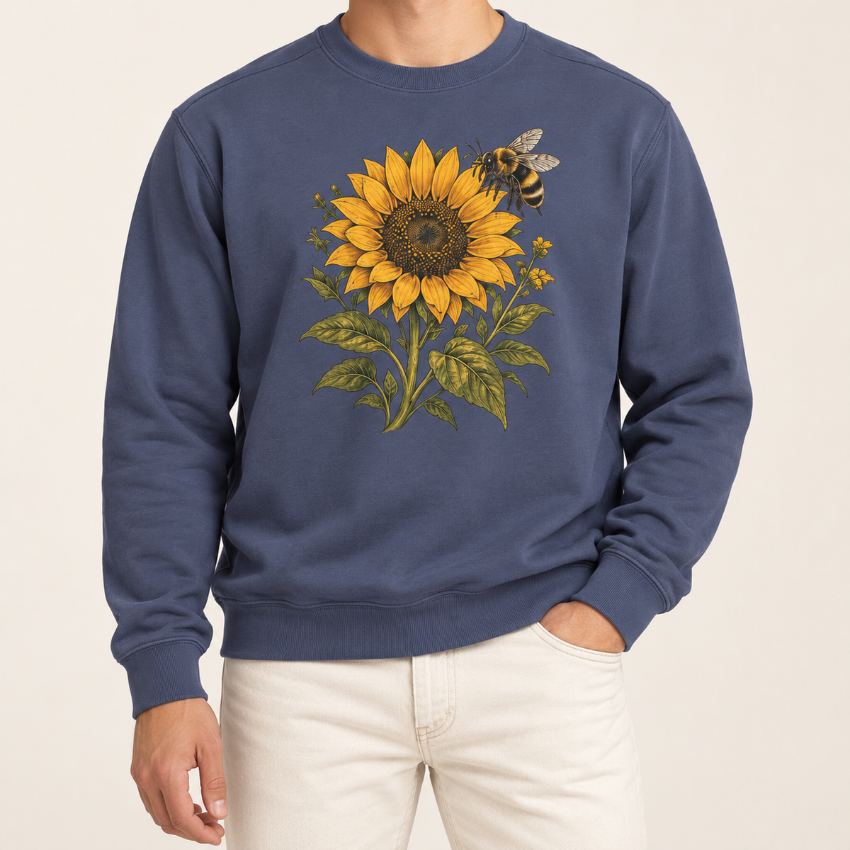 Sunflower and bumblebee sweatshirt in Denim, the botanical sunflower and bee print on a dark washed indigo garment-dyed Comfort Colors 1566 crewneck