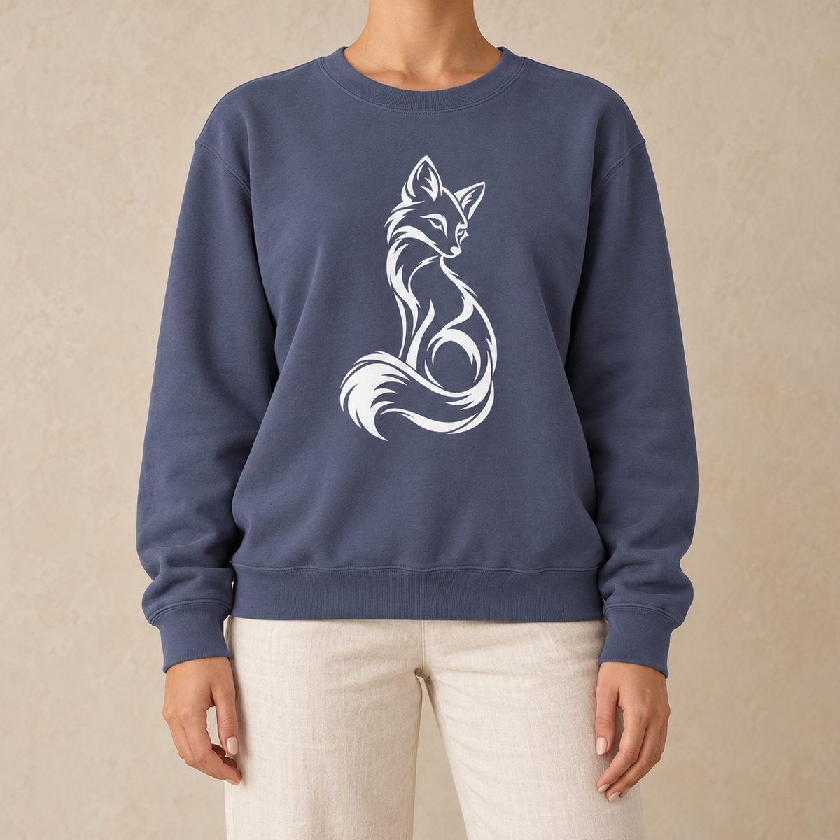 Elegant Seated Fox Linework Sweatshirt in Denim - white line-art fox on a dark blue garment-dyed Comfort Colors crewneck
