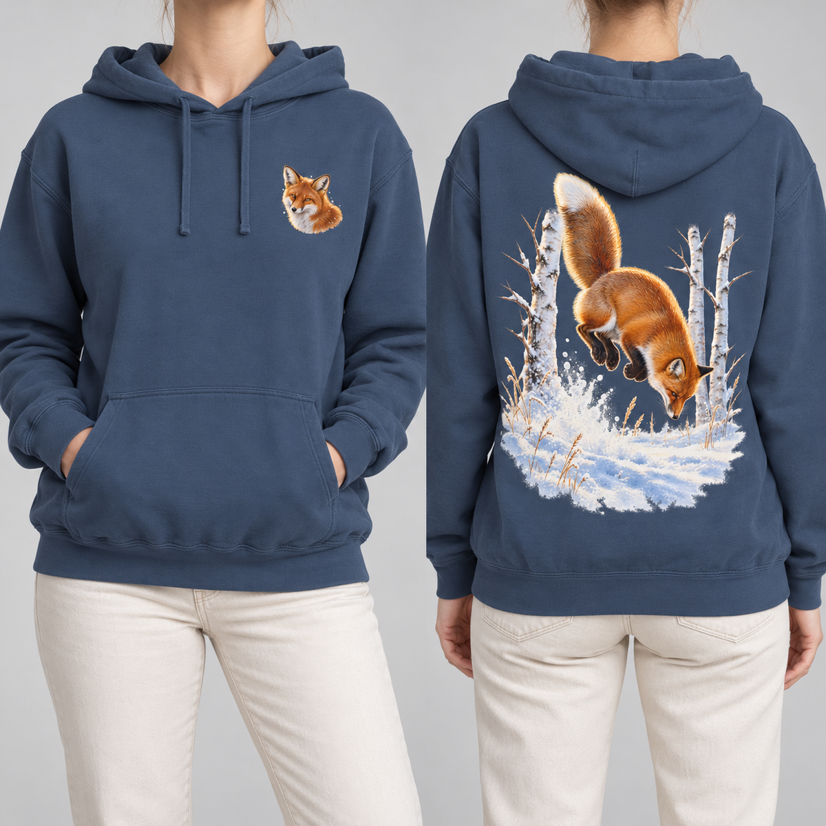 Red Fox Pounce hoodie in Denim, front fox crest and back pounce print