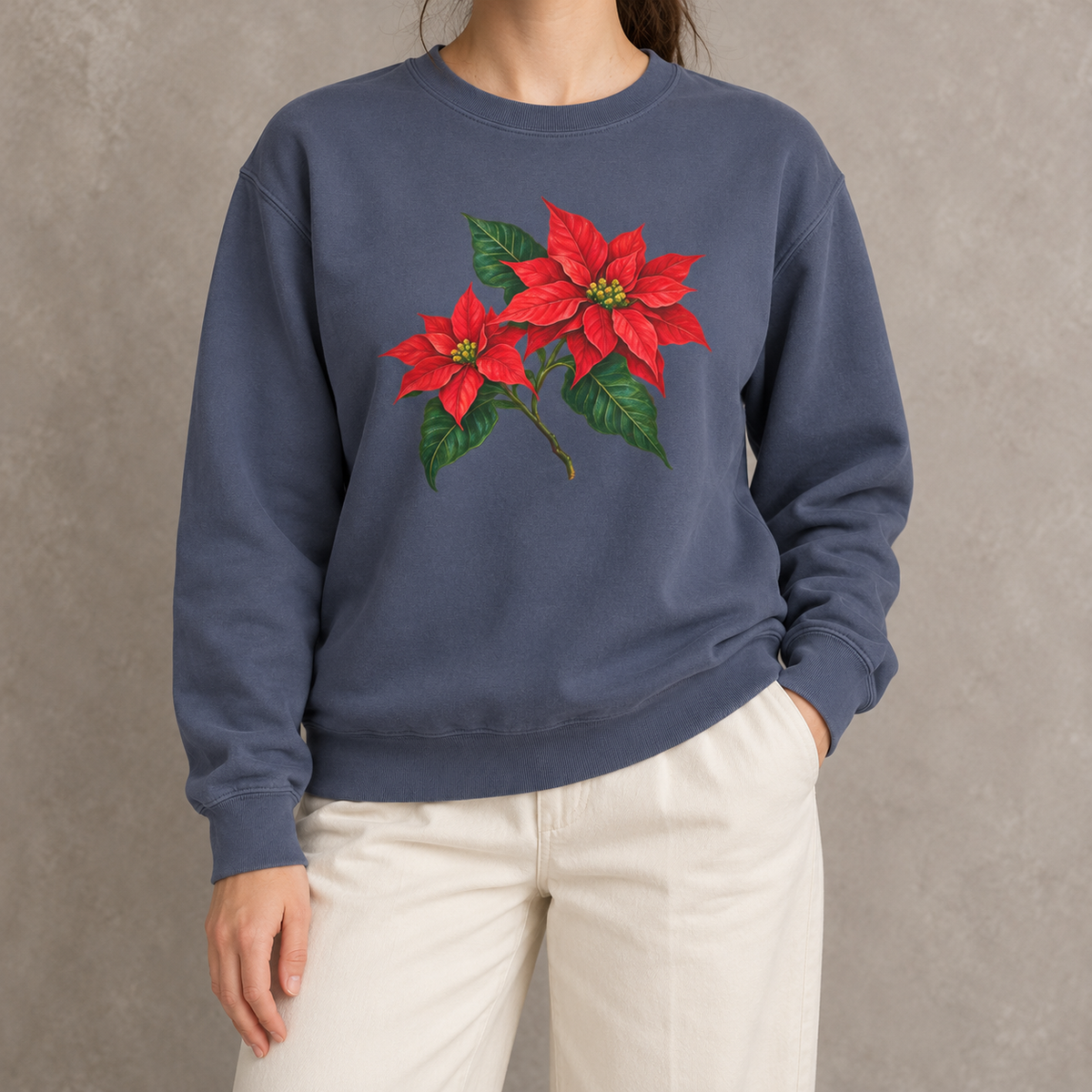 Poinsettia sweatshirt in Denim worn, red poinsettia sprig