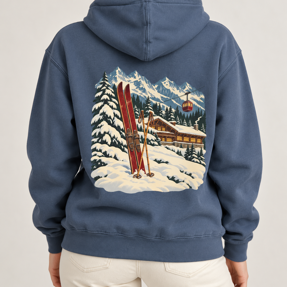 Vintage Ski Lodge hoodie in Denim worn, close view of the back print with the chalet and gondola