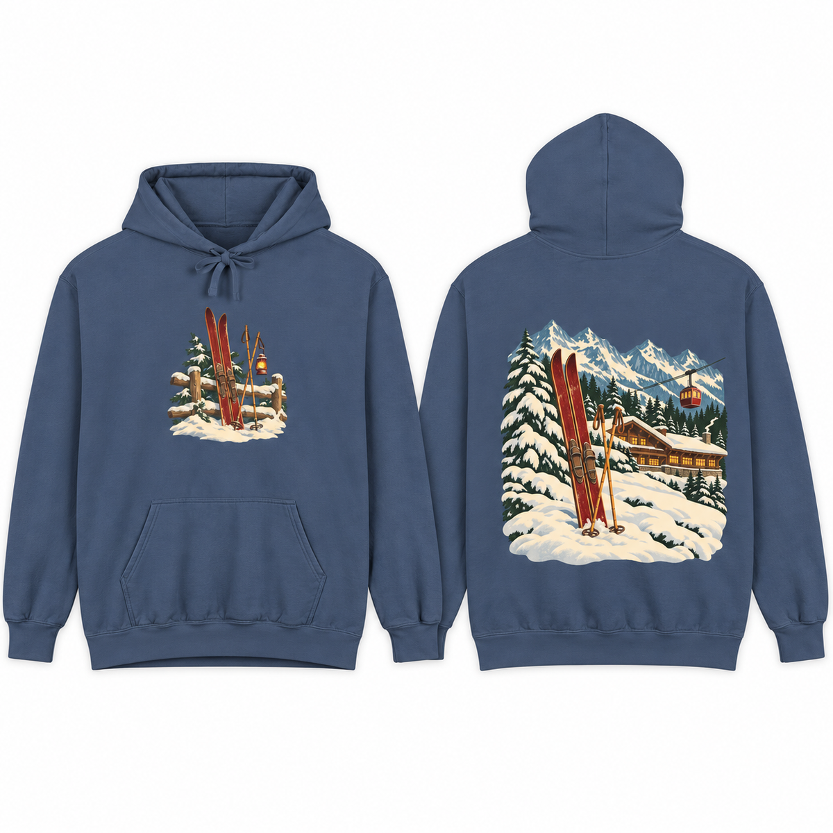 Vintage Ski Lodge hoodie in Denim, front and back prints side by side
