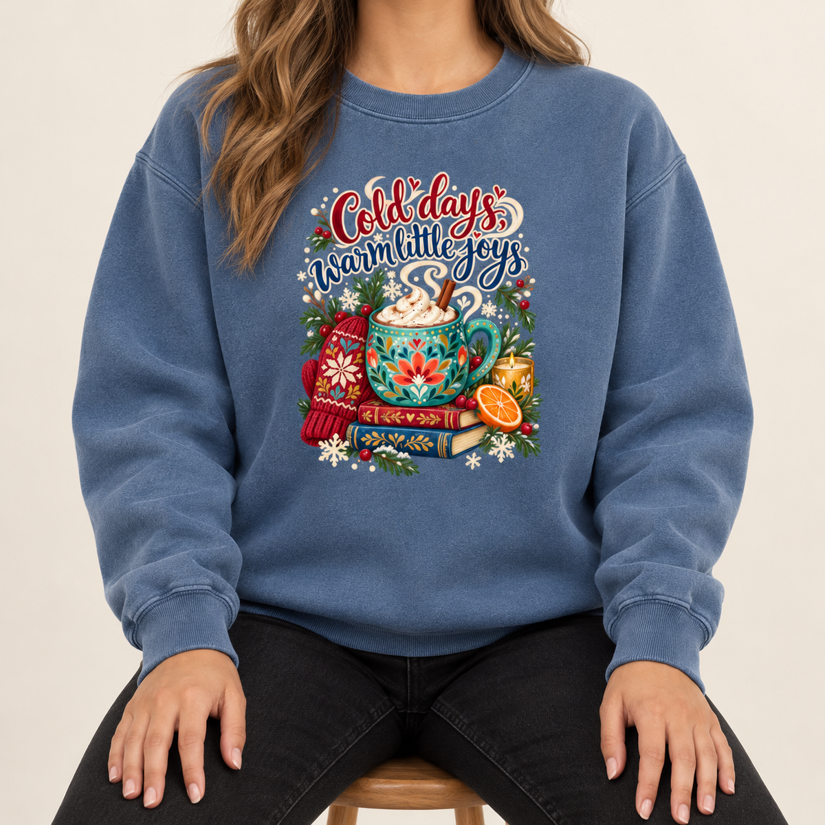 The cocoa and books winter sweatshirt in Denim worn, showing the relaxed unisex fit