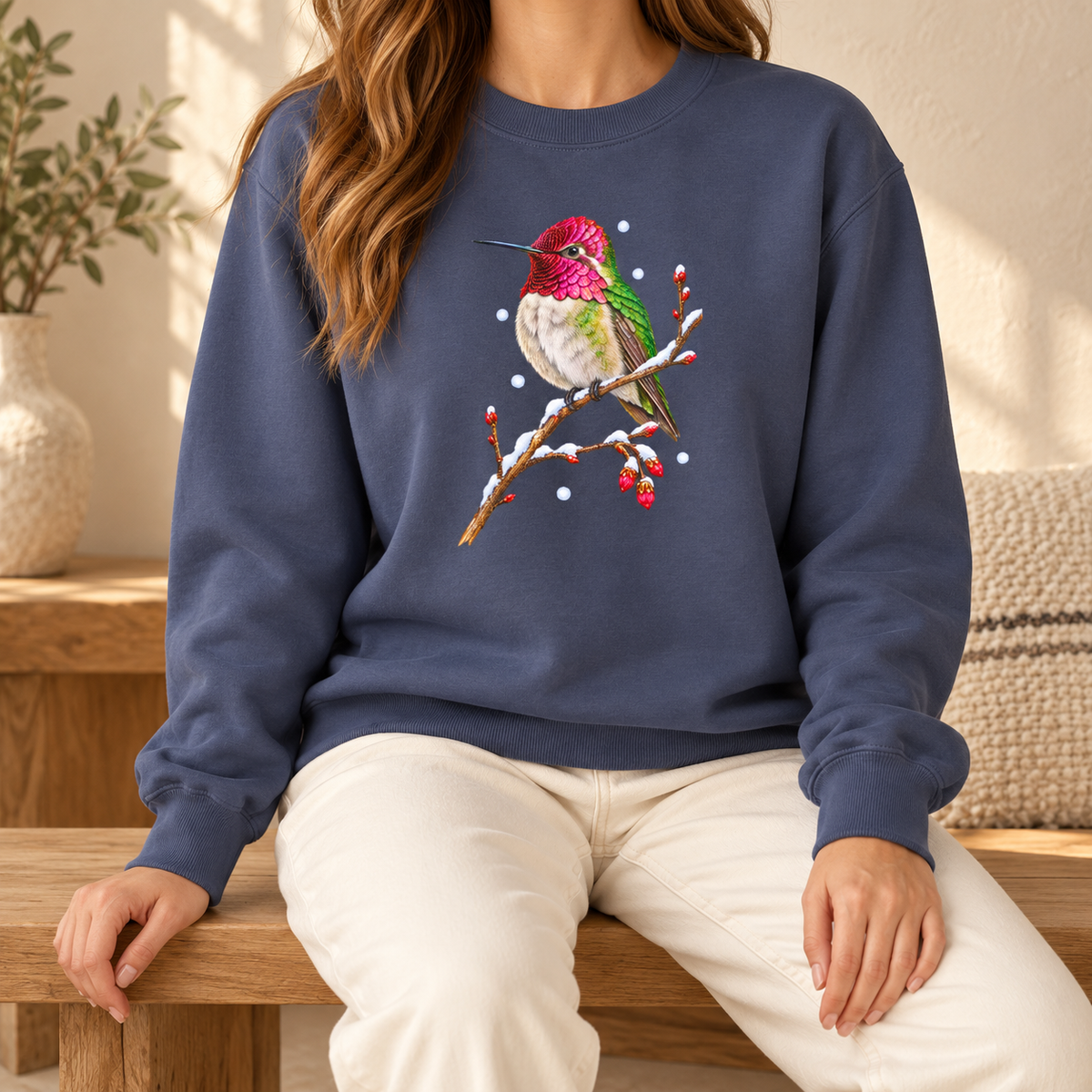 Winter Hummingbird Sweatshirt in Denim - a watercolor Anna's hummingbird with a magenta head perched on a snowy twig, printed on a garment-dyed Comfort Colors 1566 crewneck