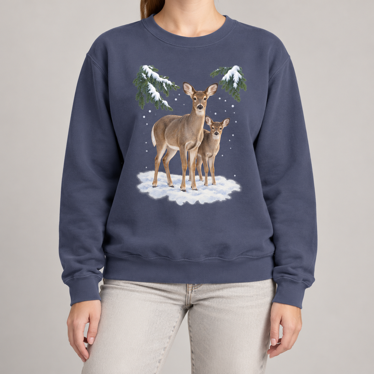Winter Deer sweatshirt in Denim, worn, doe and fawn in the snow print