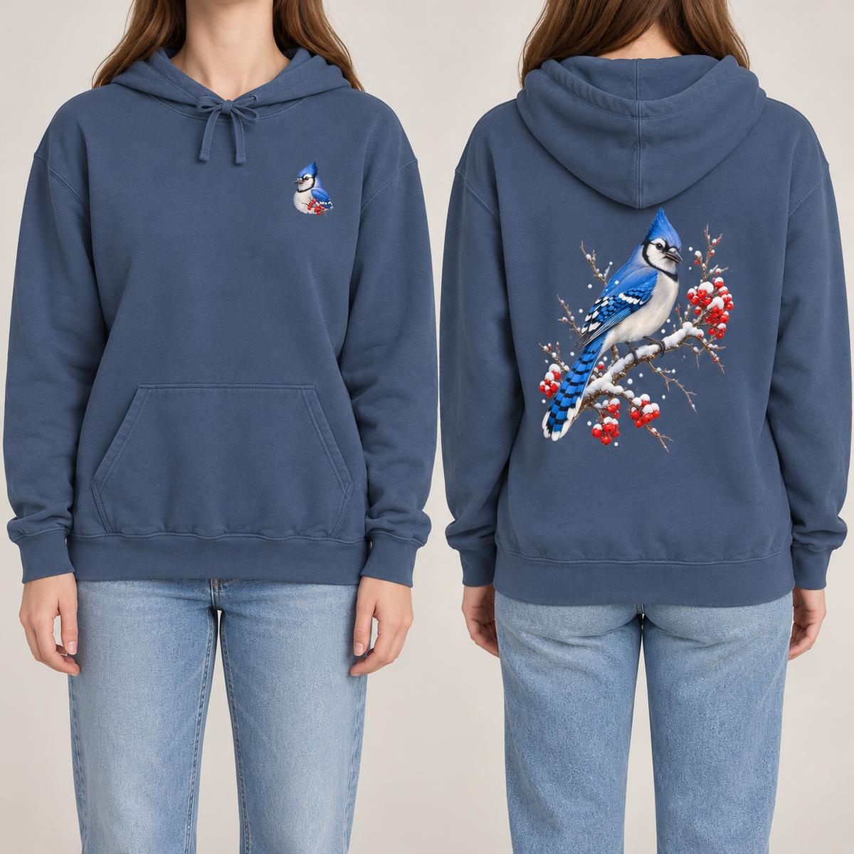 Blue Jay Winterberry hoodie in Denim, front blue jay crest and back print