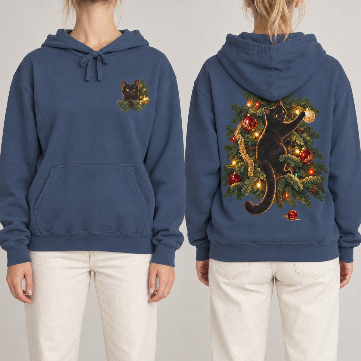 Black Cat Christmas hoodie in Denim, front crest and back scene shown side by side