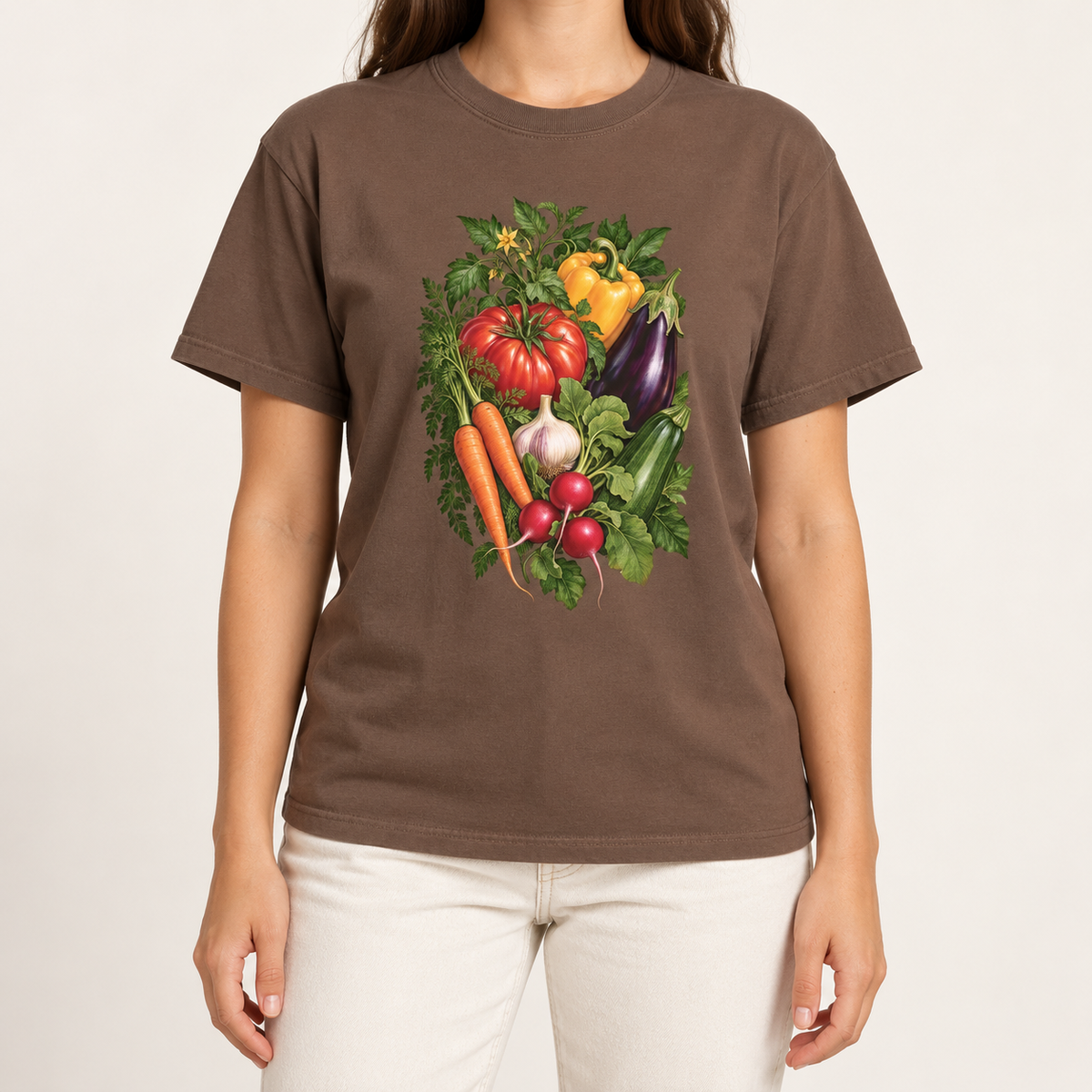 Kitchen garden harvest T-shirt in Espresso – tomatoes, peppers, carrots, eggplant, radishes and garlic in a botanical bouquet, printed large on the chest of a Comfort Colors tee
