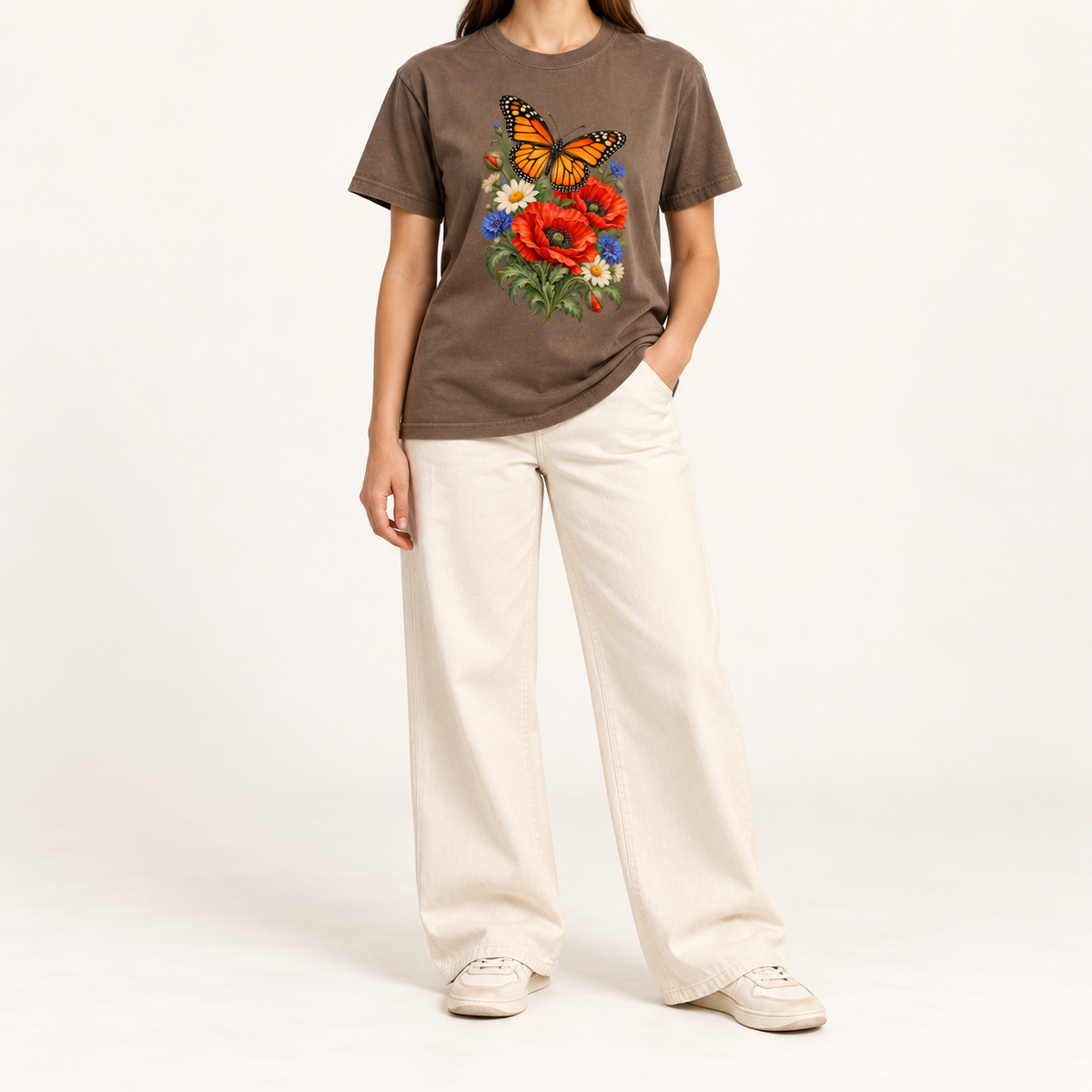 Espresso Red Poppies and Butterfly T-Shirt — the poppies, daisies and blue flowers gathered below the open-winged butterfly, front print