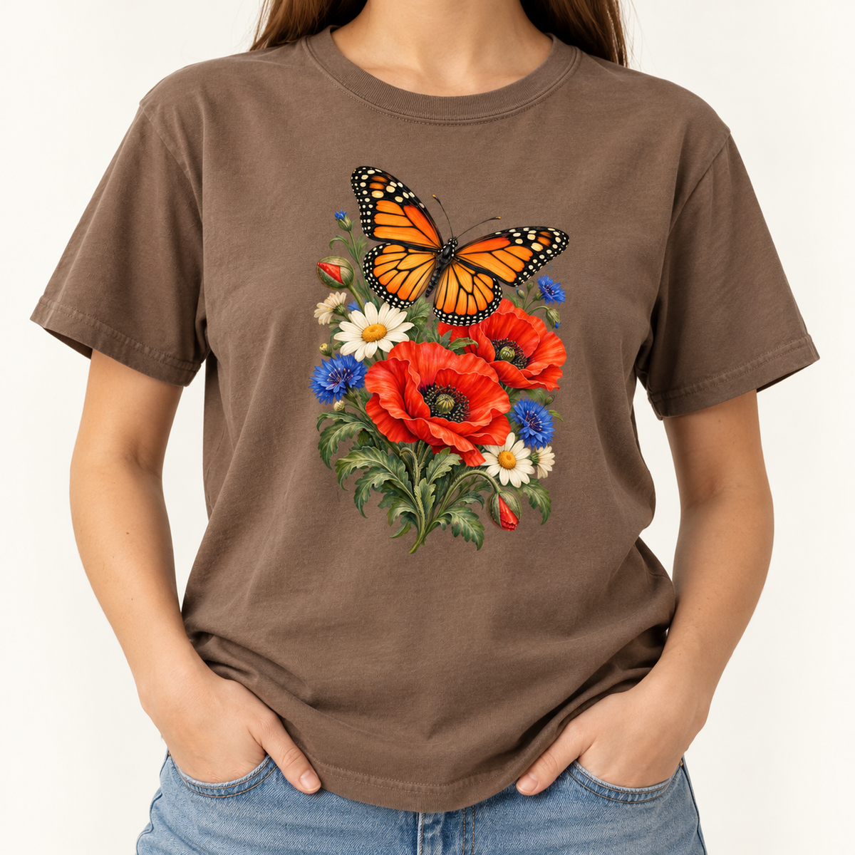 Espresso colorway of the Red Poppies and Butterfly T-Shirt — vintage botanical illustration printed large and centered on garment-dyed Comfort Colors cotton