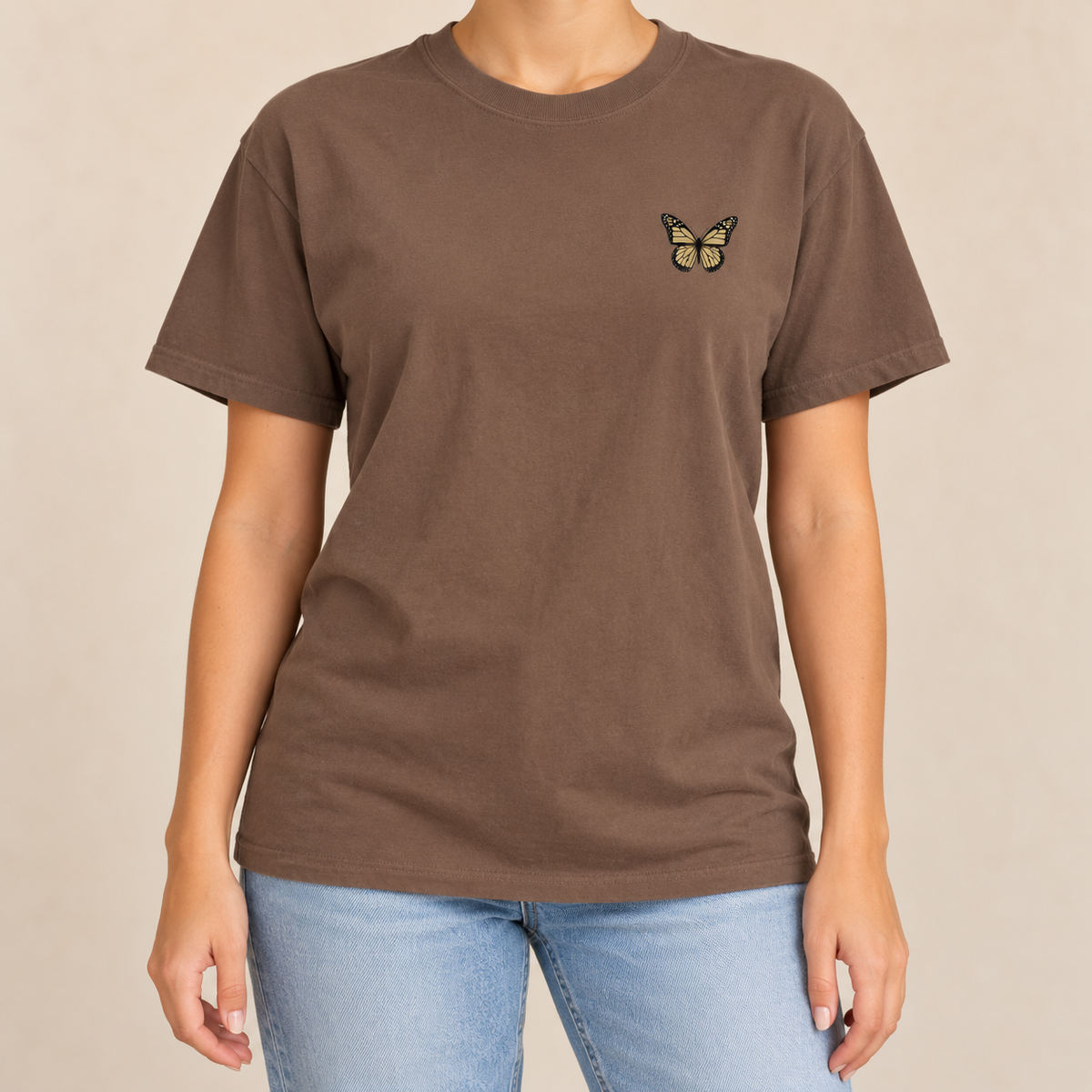 Monarch Butterfly Front and Back T-Shirt in Espresso, front view - small monarch at the chest of a dark brown Comfort Colors tee