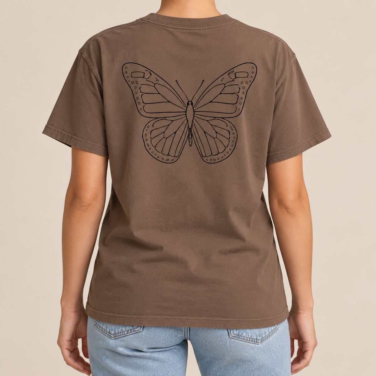 Monarch Butterfly Front and Back T-Shirt in Espresso, back view - large black line-art monarch on dark brown garment-dyed cotton