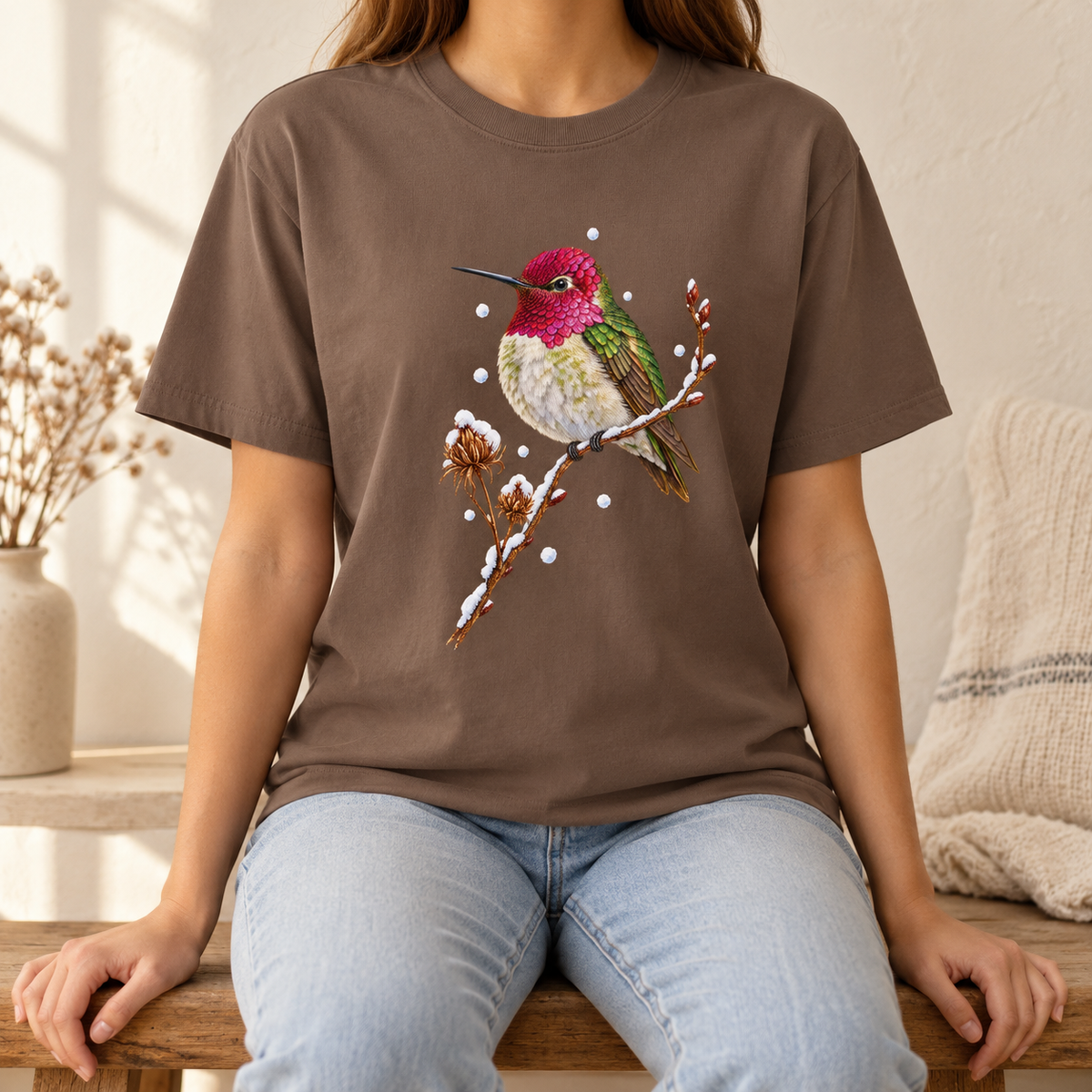 Winter Hummingbird T-Shirt in Espresso - a watercolor Anna's hummingbird with a magenta head perched on a snowy twig, printed on a garment-dyed Comfort Colors 1717 cotton tee