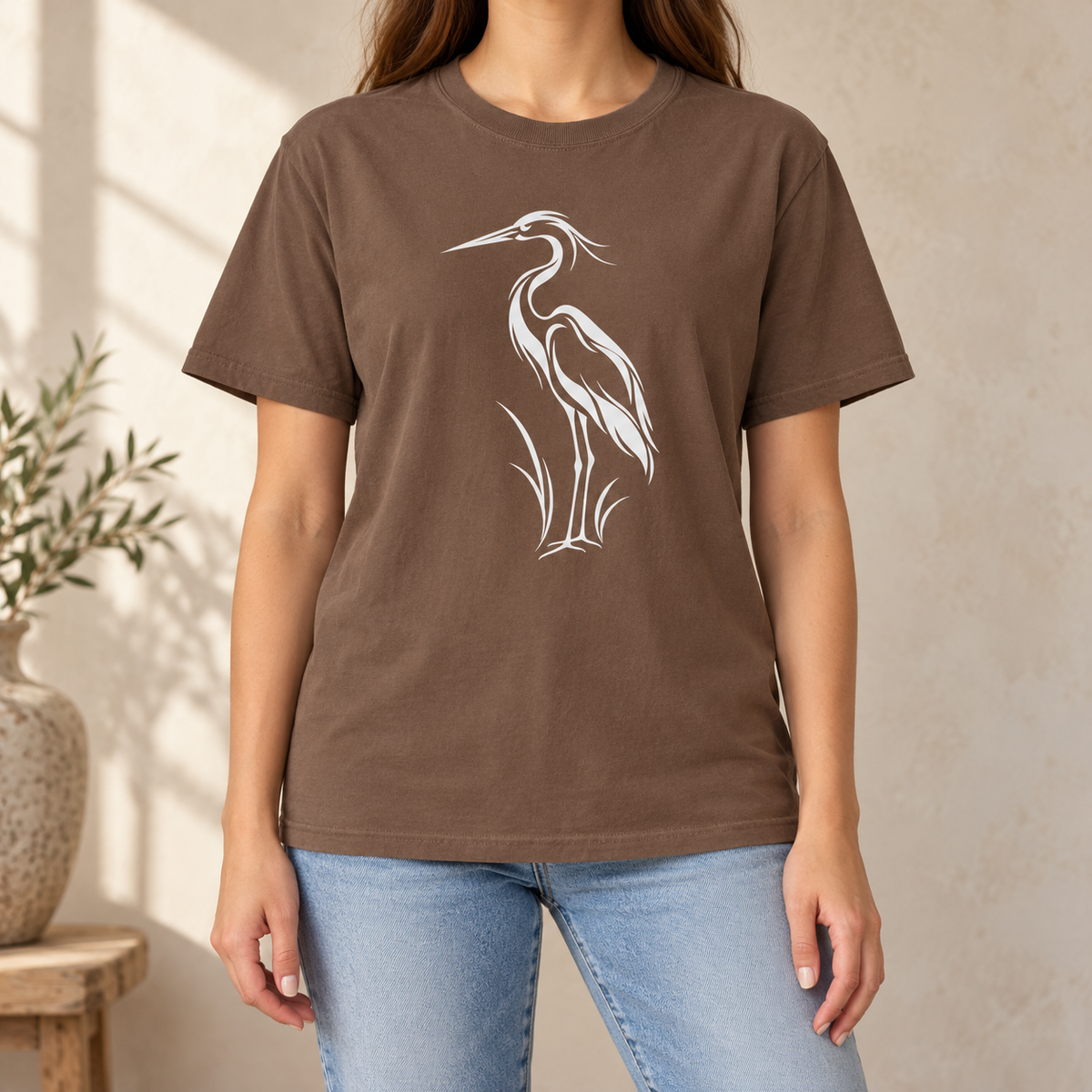 Flowing Great Blue Heron T-Shirt in Espresso — white line-art heron on a garment-dyed Comfort Colors tee