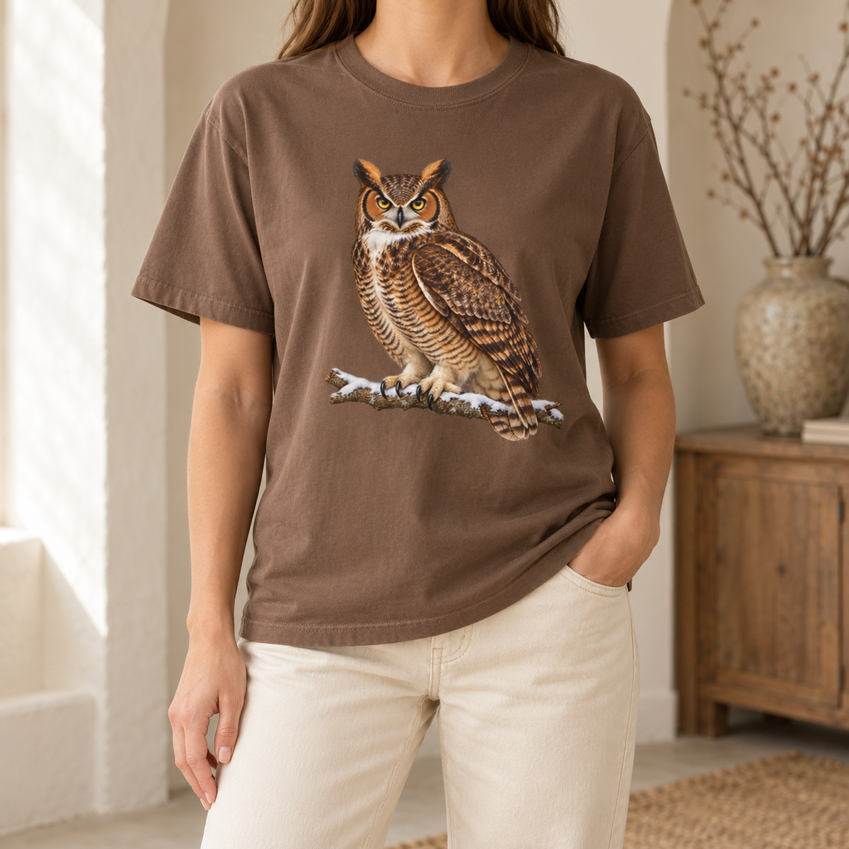 Great horned owl t-shirt in Espresso worn by a woman – the owl settled into a warm dark brown Comfort Colors tee