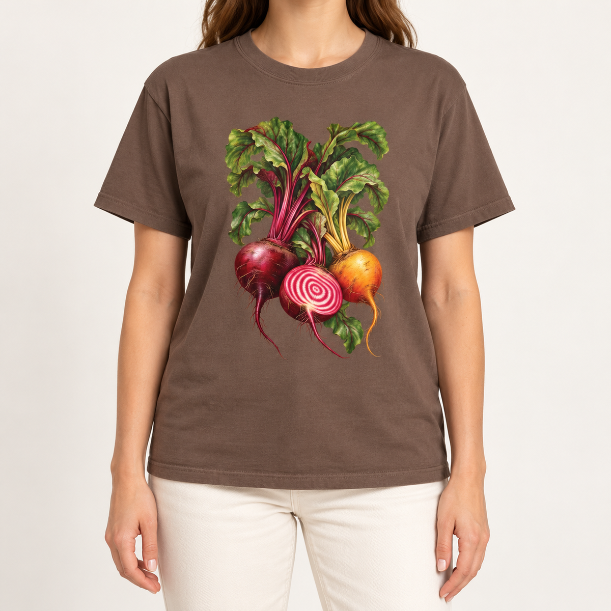 Heirloom beet T-shirt in Espresso – a red beet, a golden beet and a candy-striped Chioggia beet with leafy tops, printed large on the chest of a Comfort Colors tee