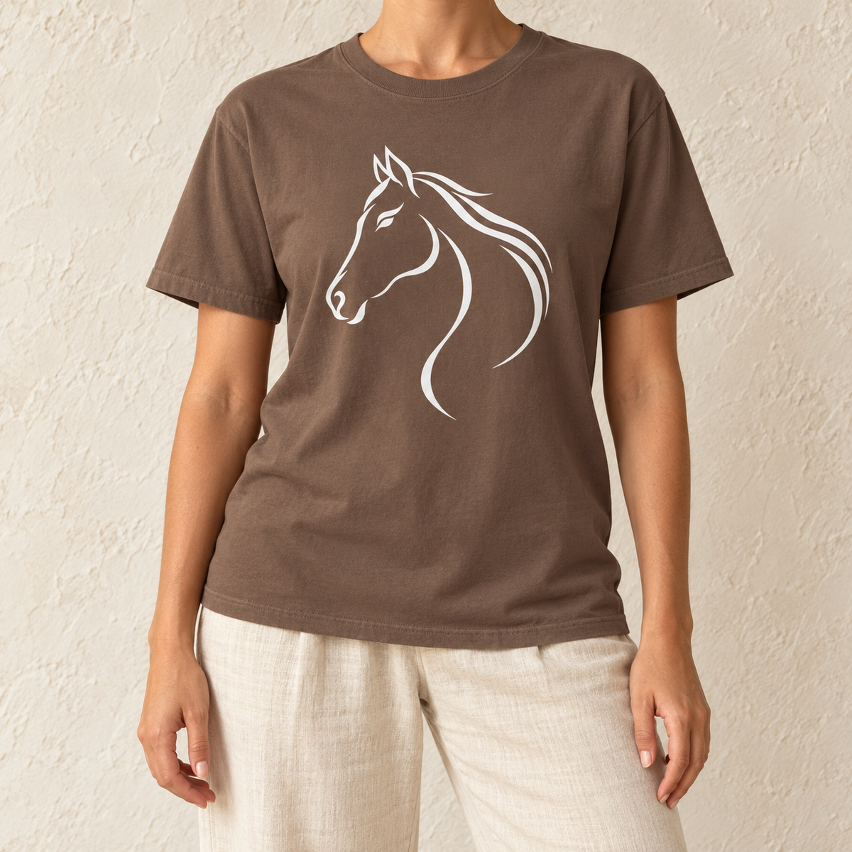 Flowing White Horse Profile T-Shirt in Espresso, front view - horse line art graphic tee by The Known Pack