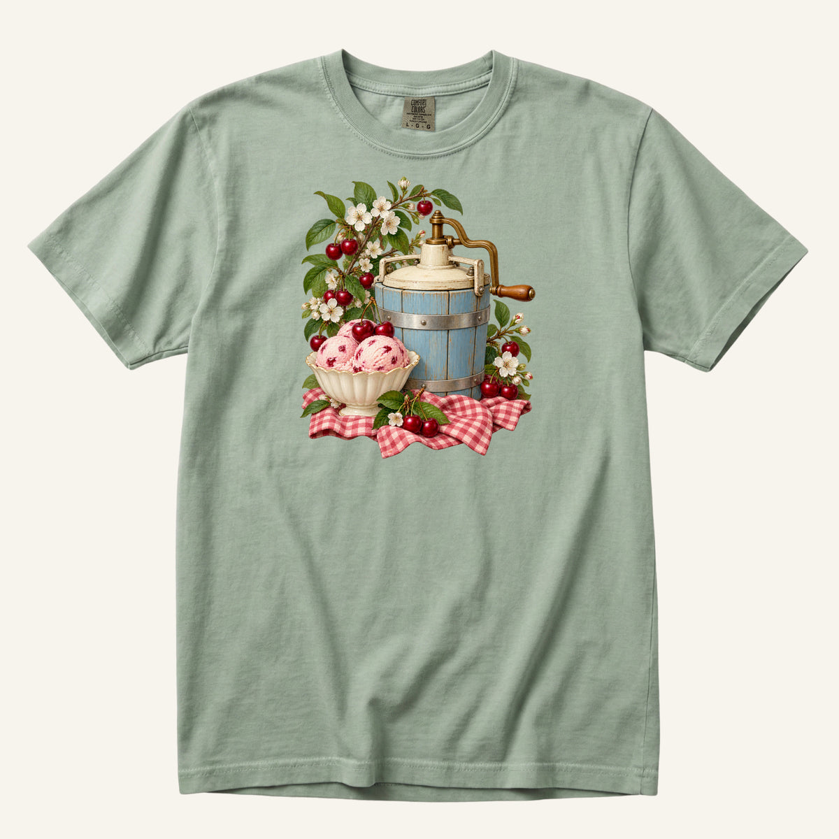 Vintage blue ice cream churn with a bowl of cherry ice cream, ripe cherries and red gingham, printed on a Bay sea green Comfort Colors 1717 unisex t-shirt