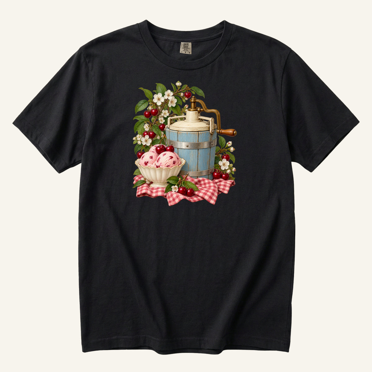 Vintage blue ice cream churn with a bowl of cherry ice cream, ripe cherries and red gingham, printed on a black Comfort Colors 1717 unisex t-shirt