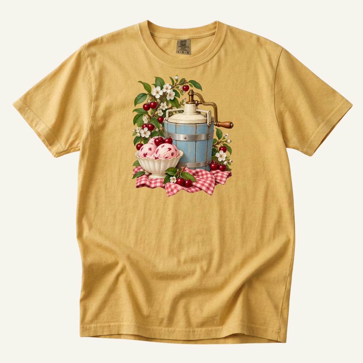 Vintage blue ice cream churn with a bowl of cherry ice cream, ripe cherries and red gingham, printed on a Mustard yellow Comfort Colors 1717 unisex t-shirt