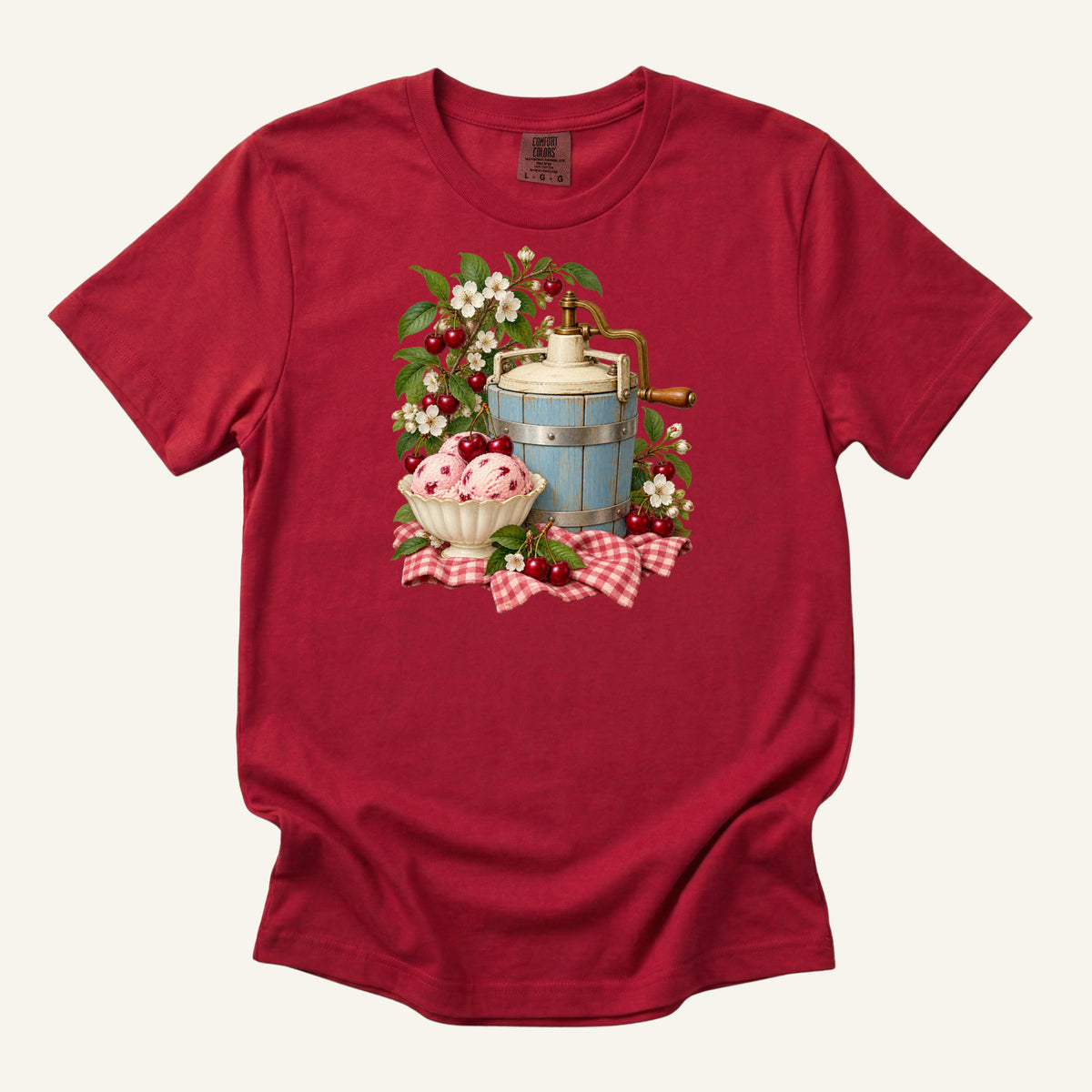 Vintage blue ice cream churn with a bowl of cherry ice cream, ripe cherries and red gingham, printed on a red Comfort Colors 1717 unisex t-shirt