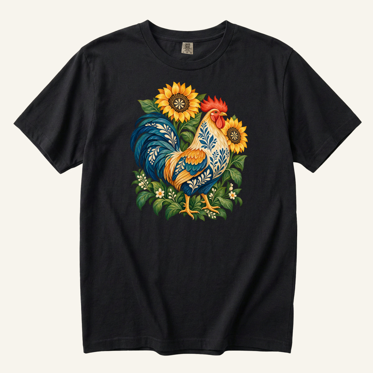 First One Up T-Shirt in Black — the sunflowers and cream neck at their boldest