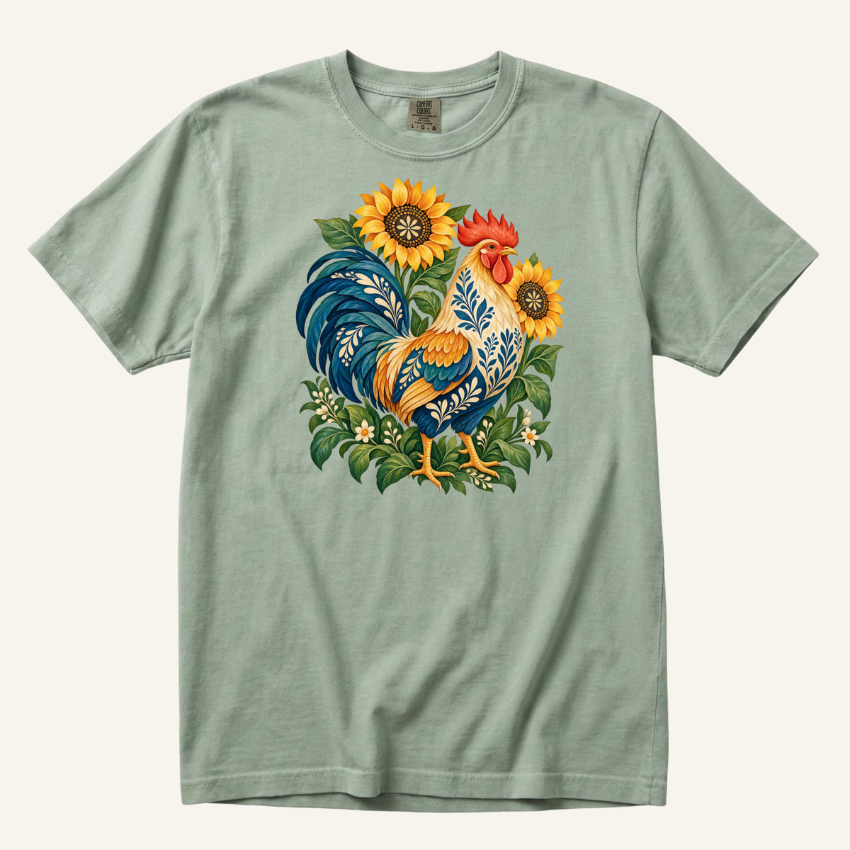 First One Up T-Shirt in Bay — a colorful folk art rooster among golden sunflowers, sizes S to 4XL