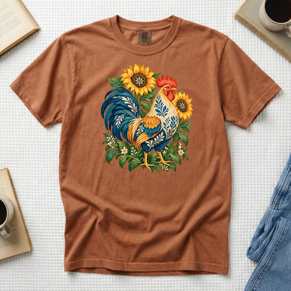 First One Up T-Shirt in Yam — an earthy orange that contrasts with the rooster's blue and teal tail