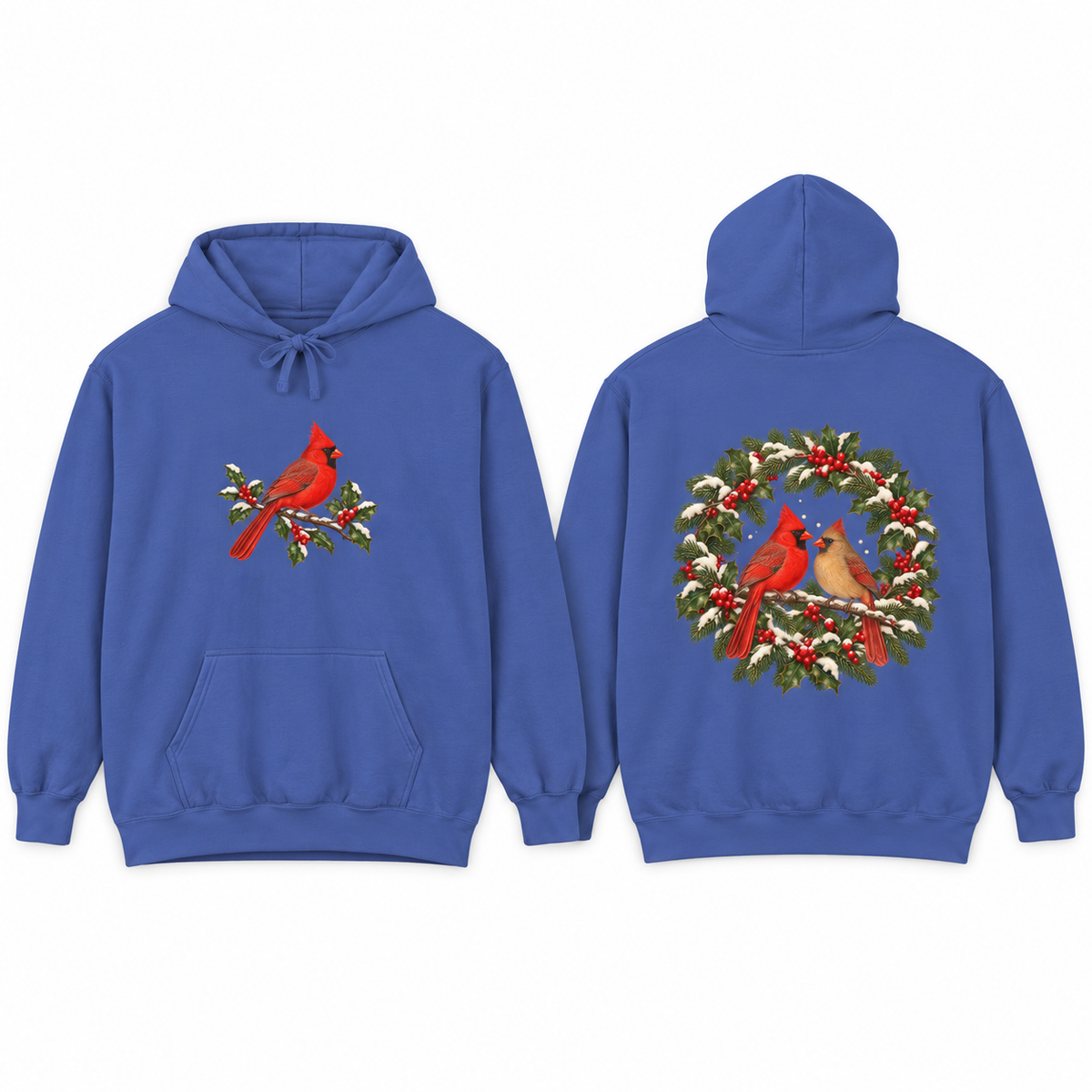 Winter Cardinal hoodie in Flo Blue, front and back prints side by side