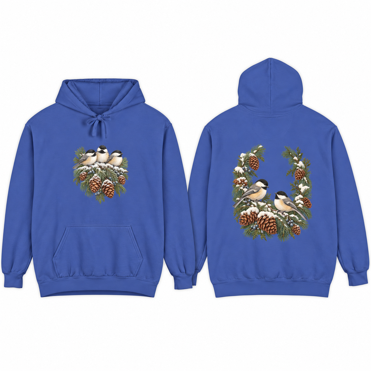 Winter Chickadee hoodie in Flo Blue, front and back prints side by side