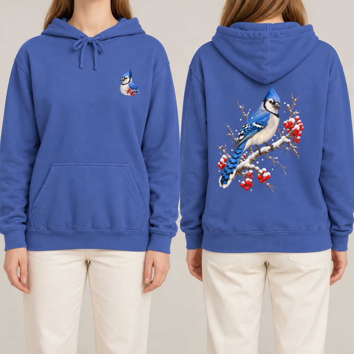 Blue Jay Winterberry hoodie in Flo Blue, front blue jay crest and back print